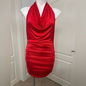 VENUS Vibrant Red with chain detailing on the back, Halter Dress
